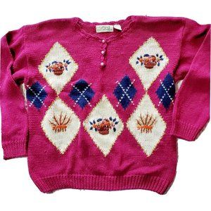 90s Fuschia Pink Floral Argyle Preppy Sweater‎